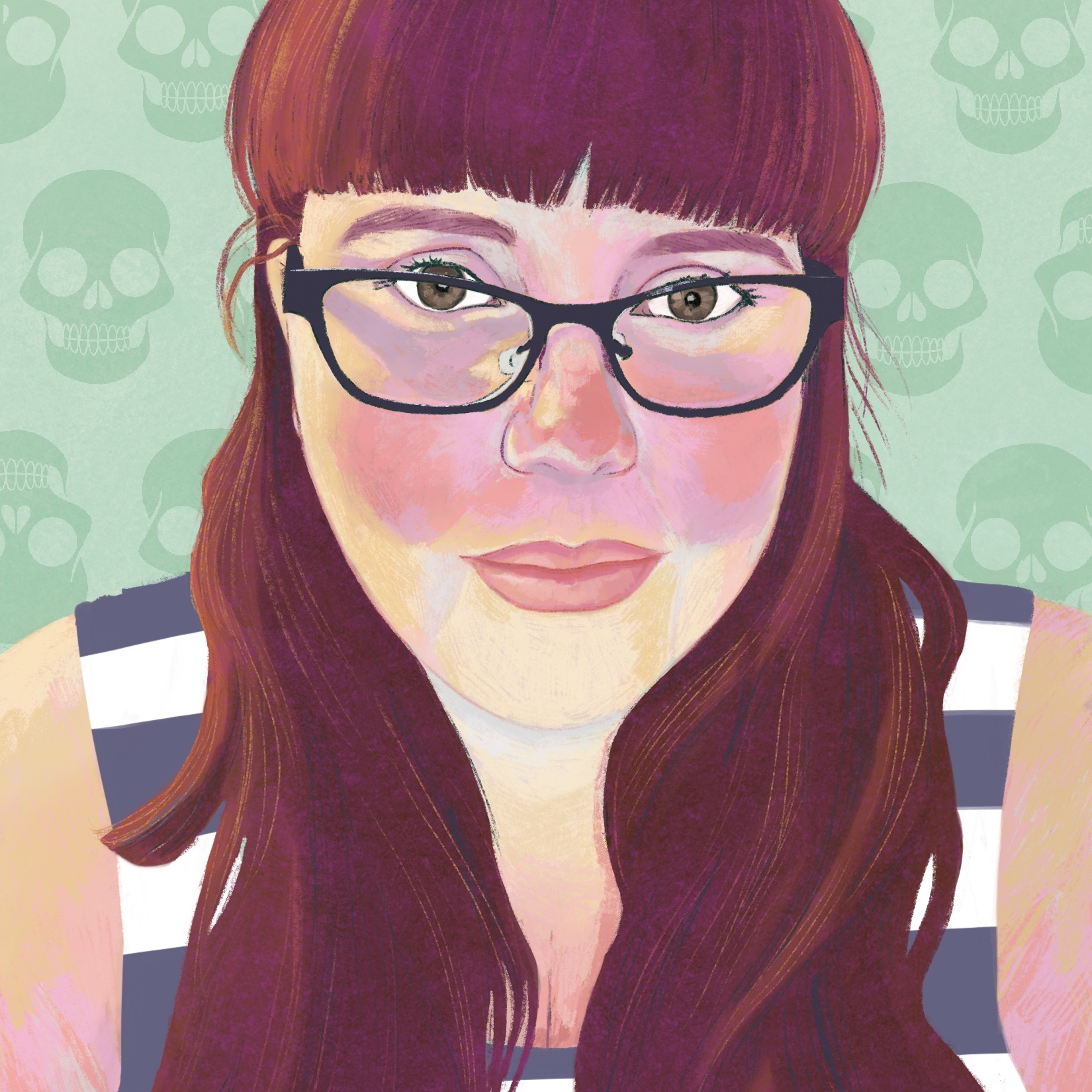 Digital painting of Amber Dawn. She is Caucasian with long red hair and black glasses. She is wearing a white and navy sleeveless top. The background is pastel green with darker green skulls.