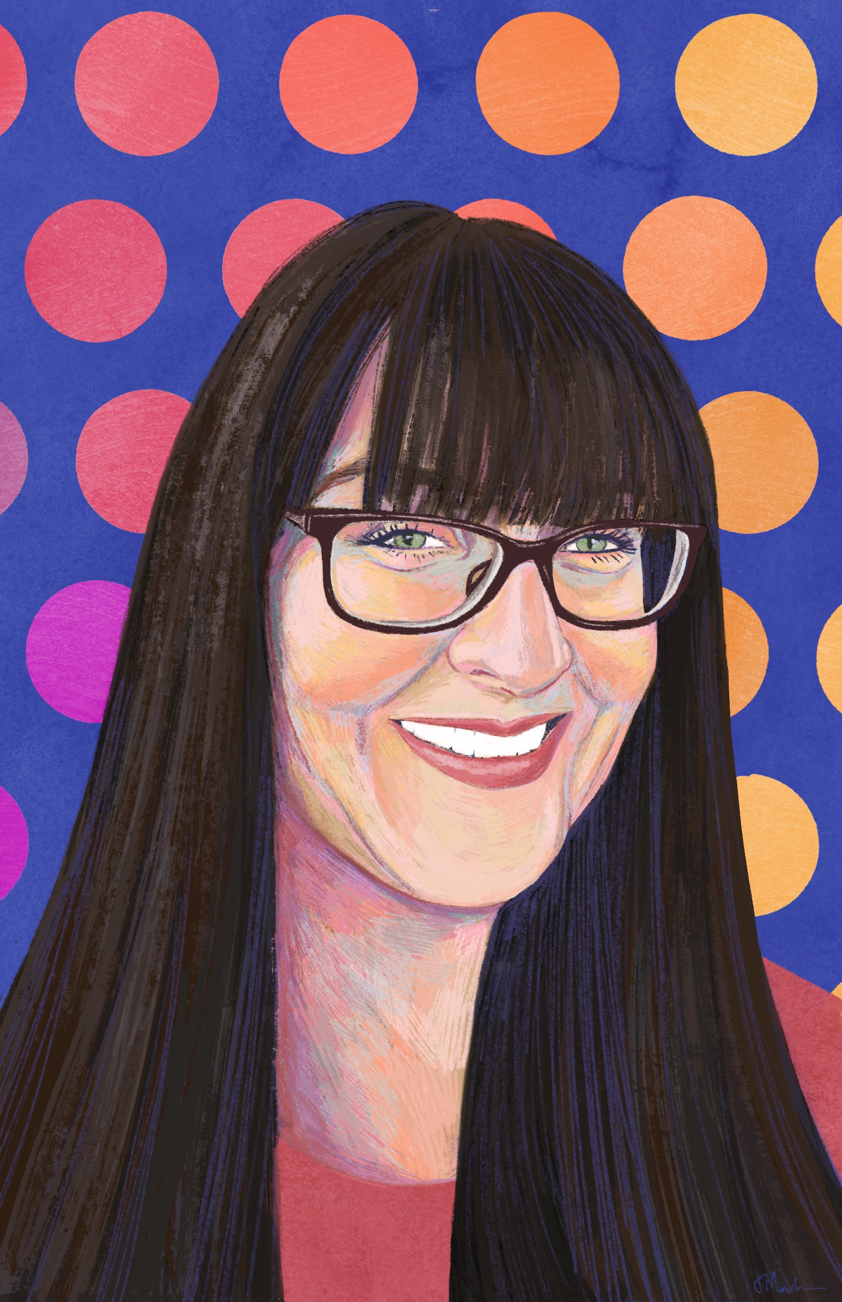 A digital painting of Bridgette. A smiling Caucasian woman with long dark brown hair, bangs and black glasses. She wears a coral coloured shirt. The background is a pink and orange polkadot pattern with purple underneath.